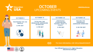 Calendar with upcoming events at EducationUSA. All information available in "Events" on our website.