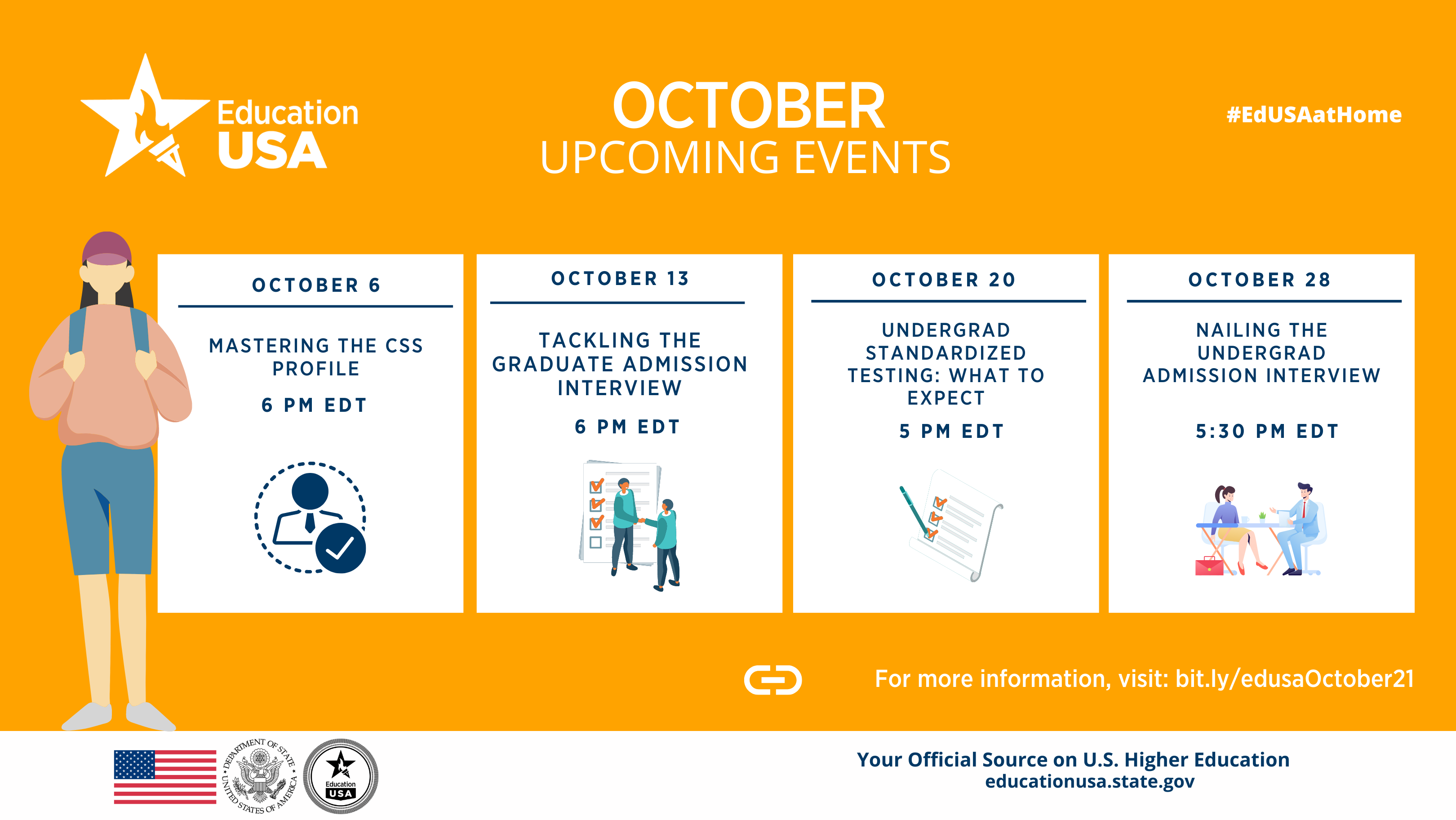 Calendar with upcoming events at EducationUSA. All information available in "Events" on our website.