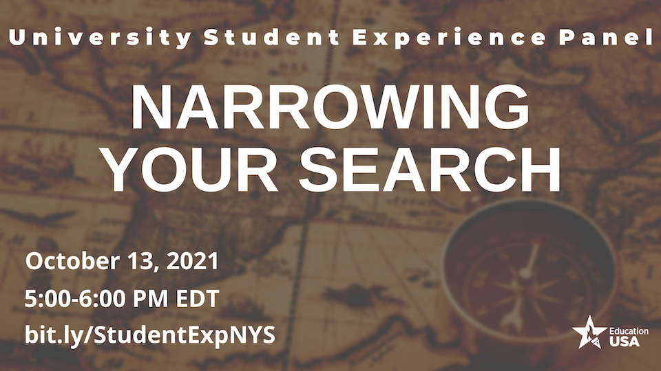 Image of map and compass with overlaid text that reads "University student experience panel: Narrowing your search. October 13, 2021. 5-6 PM EDT. bit.ly/StudentExpNYS