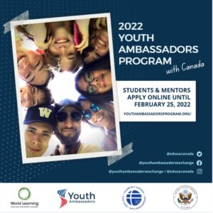2022 Youth Ambassadors Program with Canada Students and Mentors Apply Online Until February 25, 2022