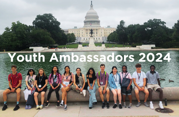 12 youth ambassadors sit on a low wall. Behind is the reflection pool and the U.S. senate building in Washington D.C.