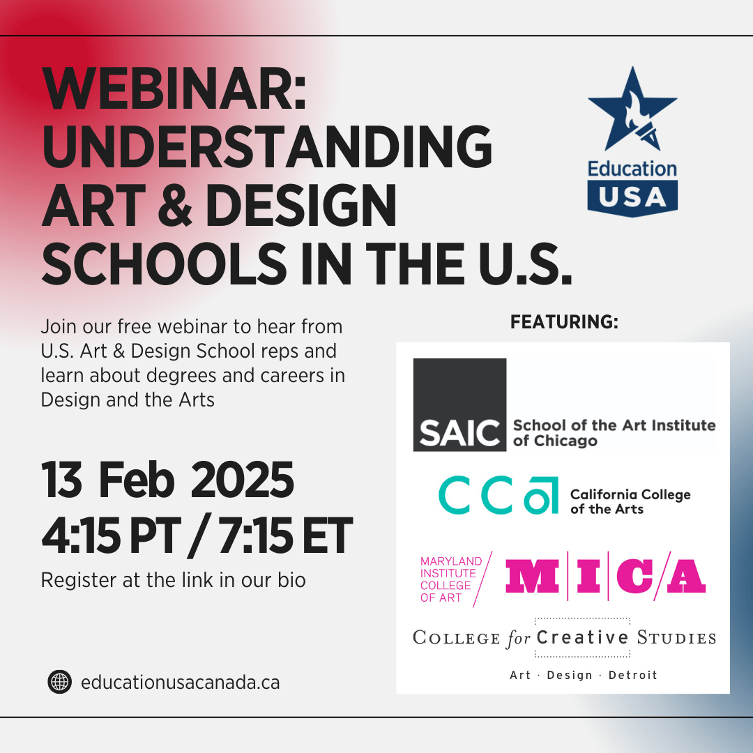 White and Red background poster depicting the webinar about Understand Art & Design Schools in the US. This will be on the 13th of February 2025 at 7:15pm ET with EducationUSA