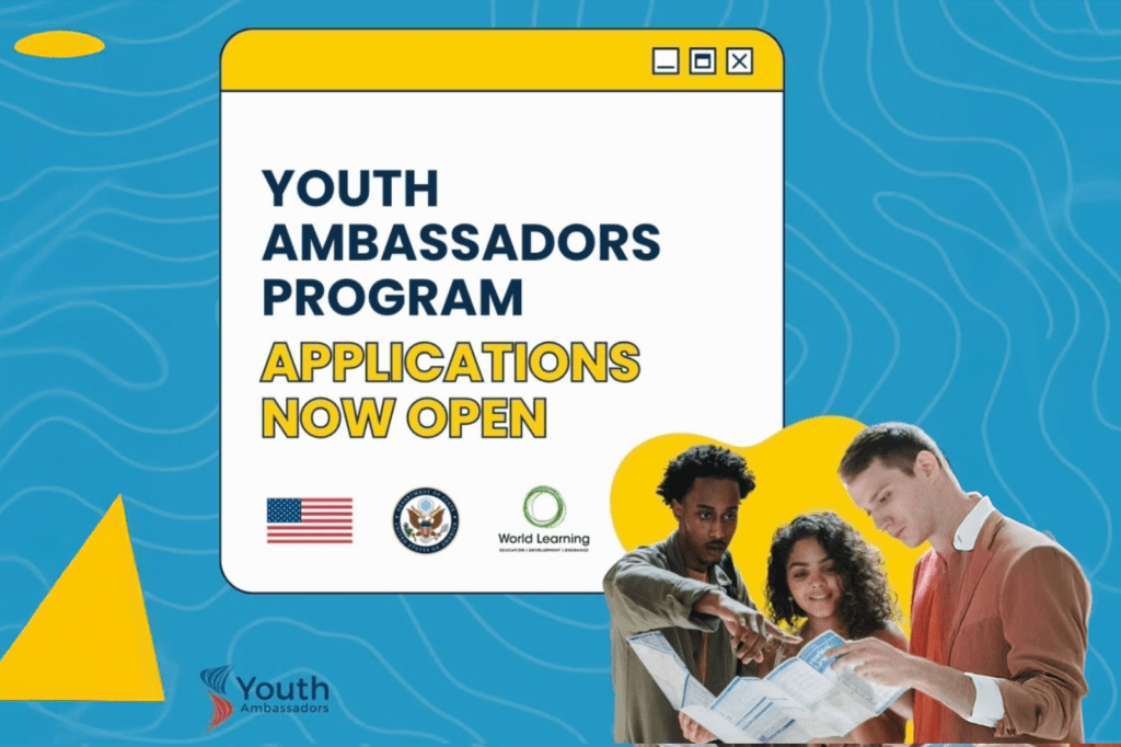 Social media graphic announcing 'Youth Ambassadors Program Applications Now Open' on a white window with blue background. Features logos of US Flag, US Department of State, and World Learning. Shows diverse young people looking at documents together.